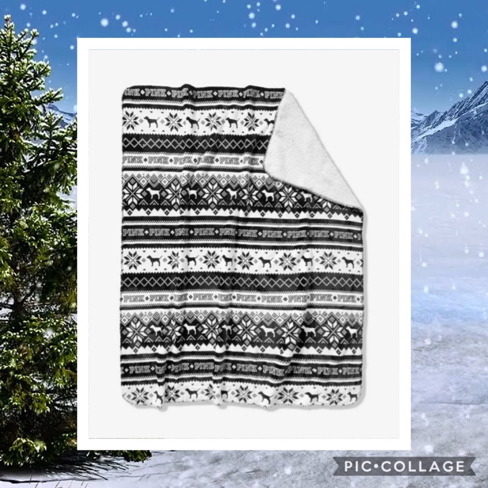 VS PINK Black and white fair isle sherpa blanket